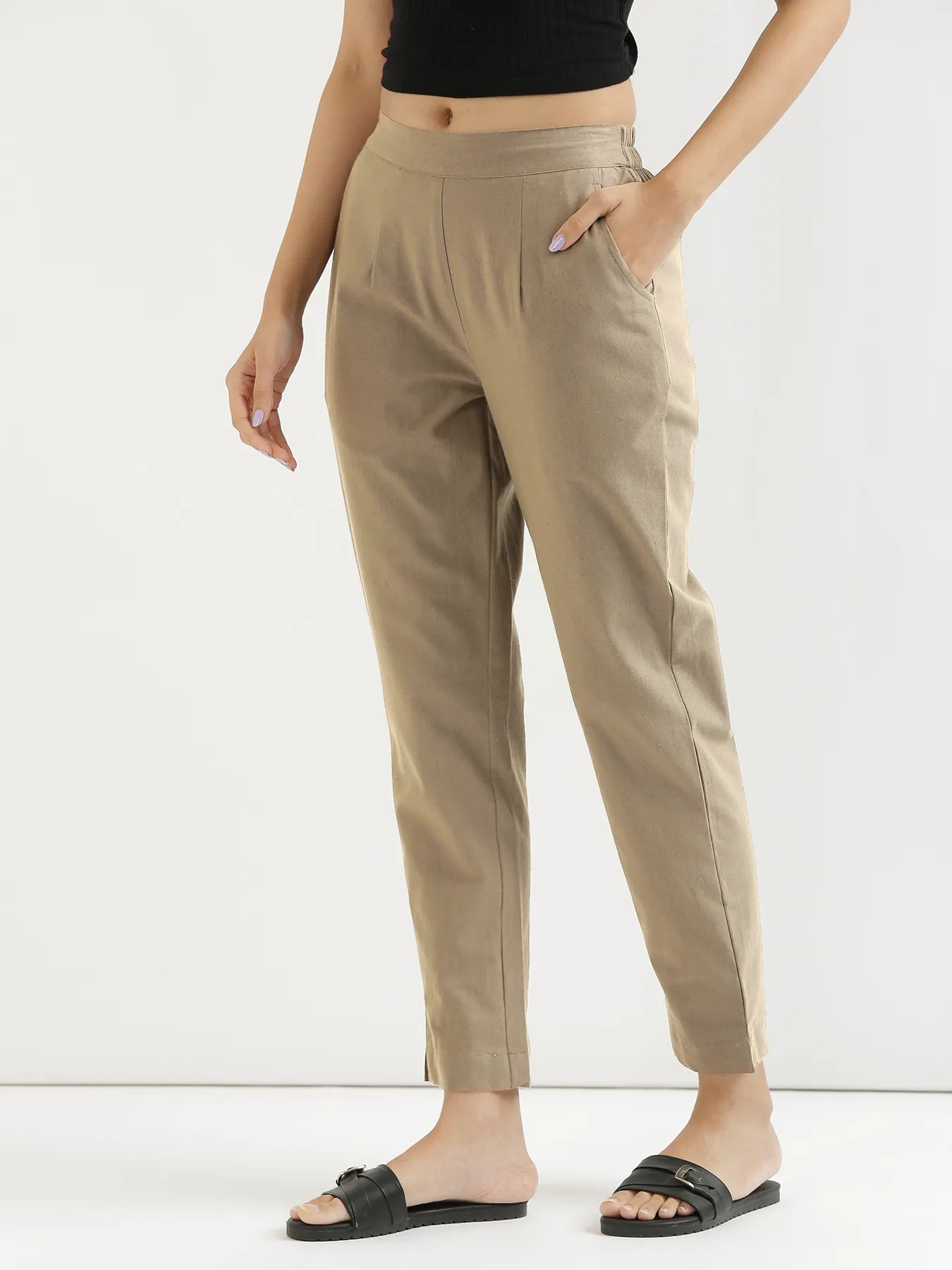 Women Khakhi Cotton Pant - Image 2