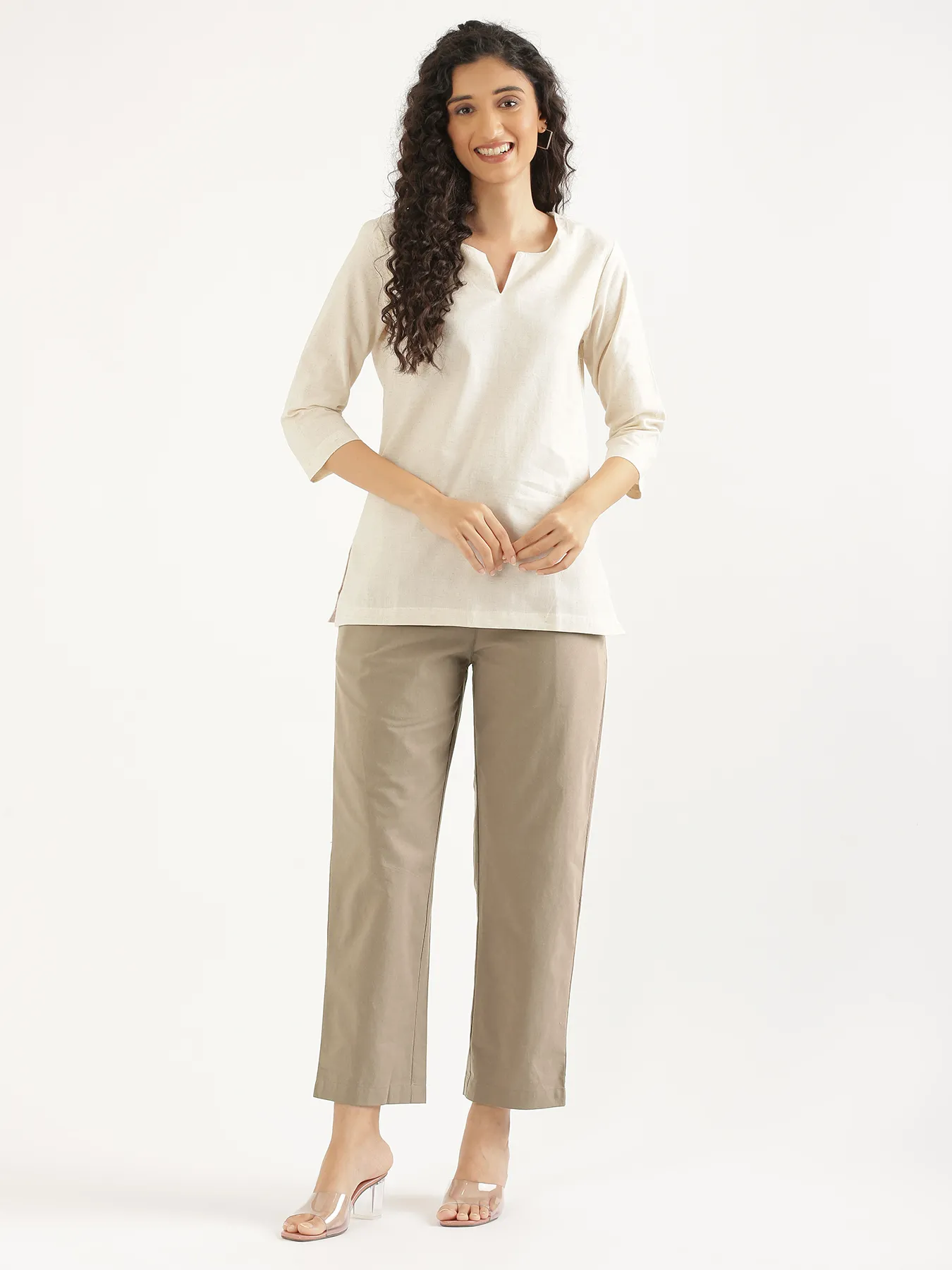 Women Khakhi Cotton Straight Pant - Image 3