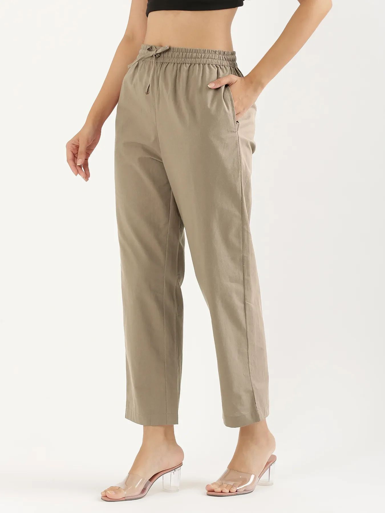 Women Khakhi Cotton Straight Pant - Image 4