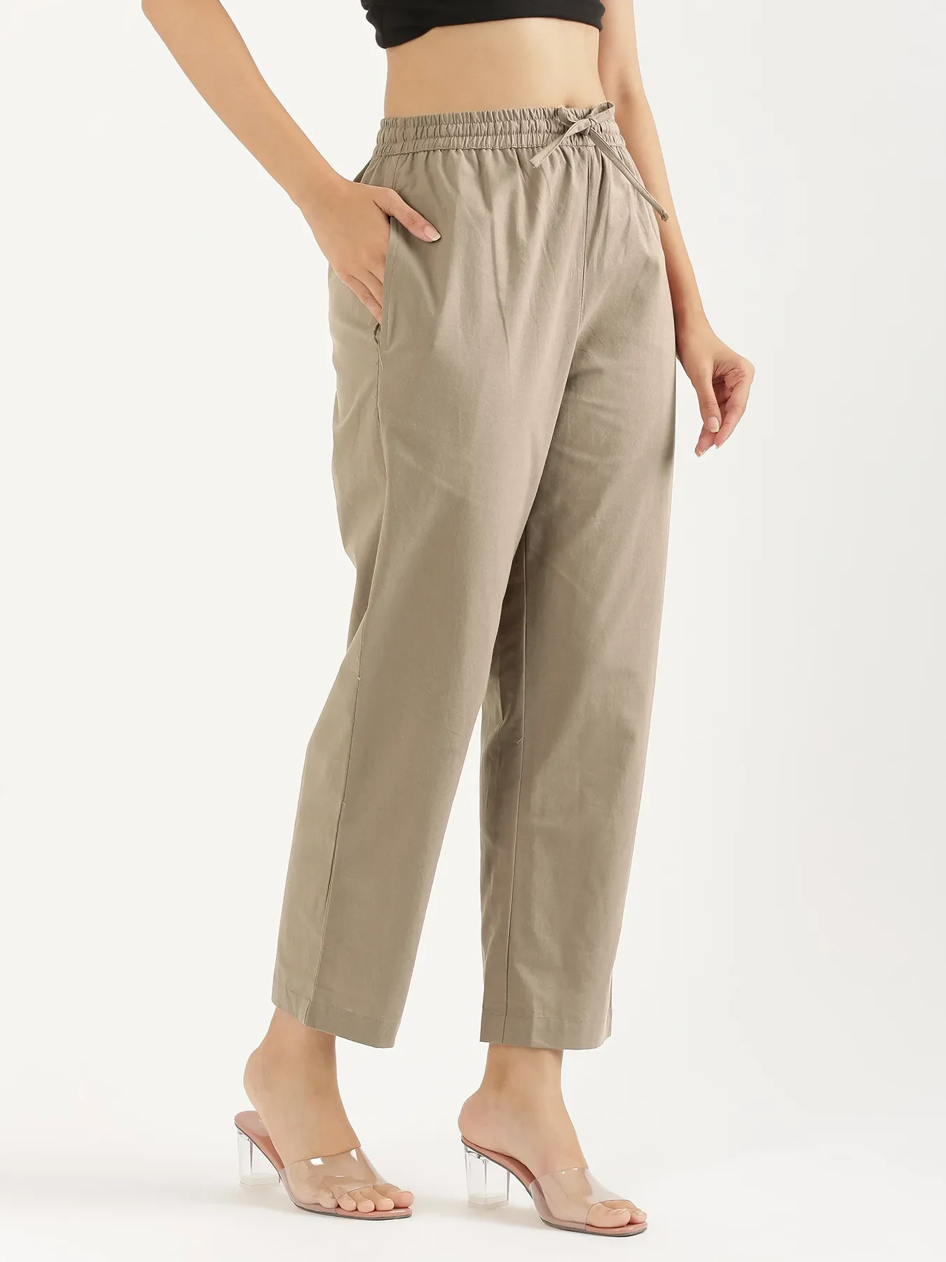Women Khakhi Cotton Straight Pant - Image 5