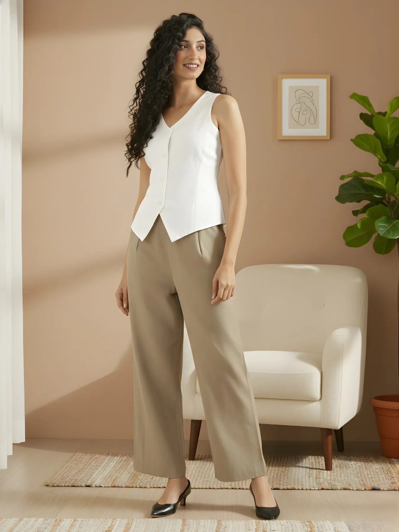 Women Khakhi Linen Blend Wide Leg Pant & White Linen Blend Waist Coat