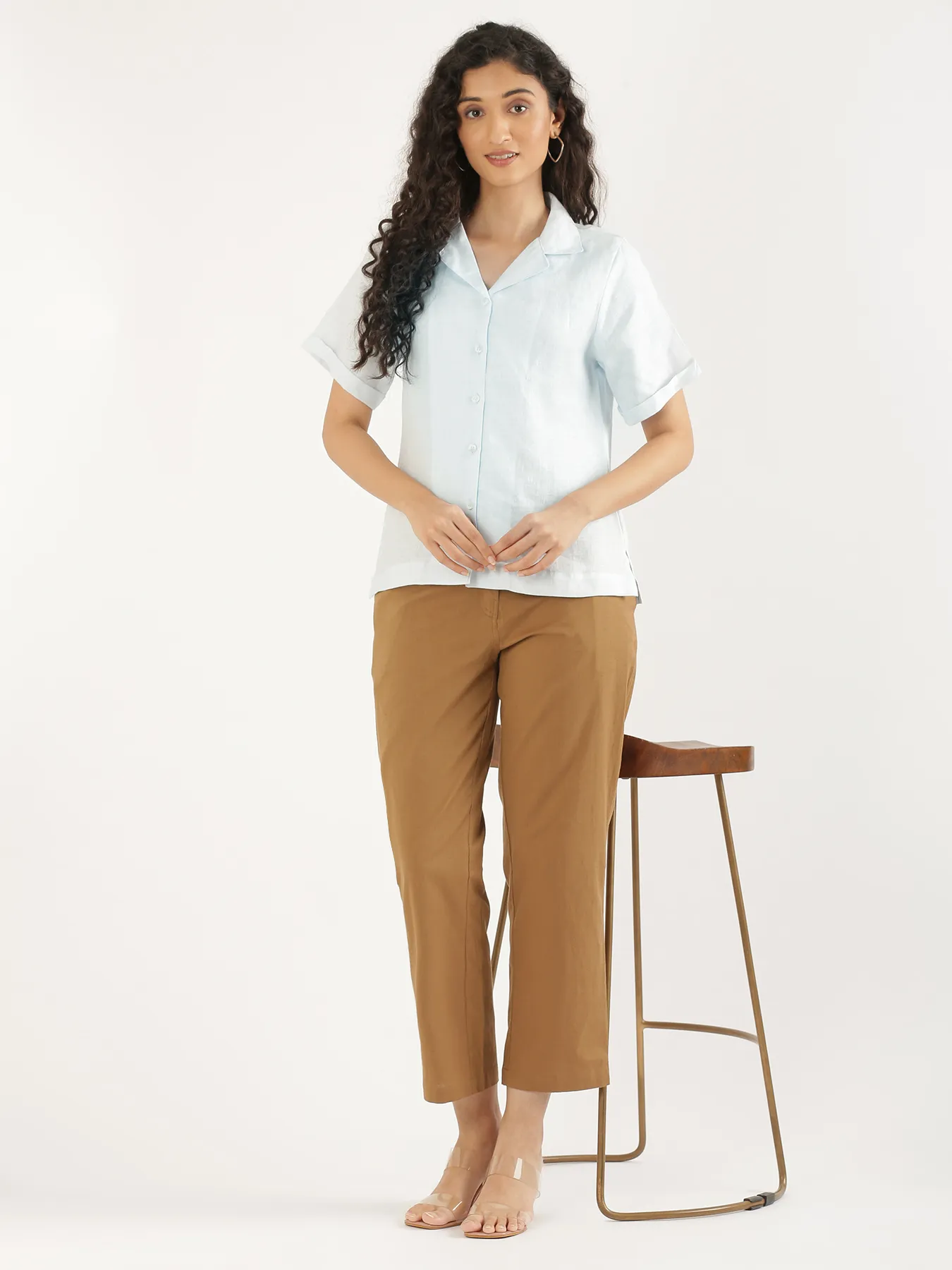 Women Light Blue Pure Linen Notch Collar Shirt - Image 11