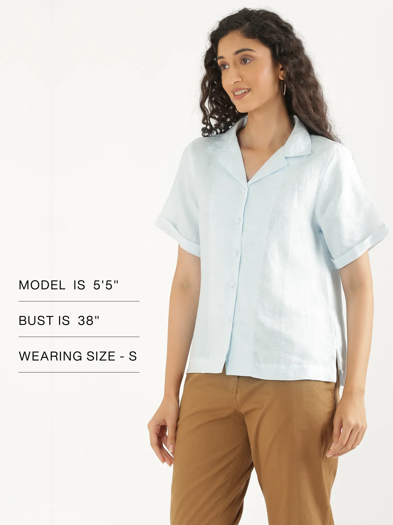 Women Light Blue Pure Linen Notch Collar Shirt - Image 12