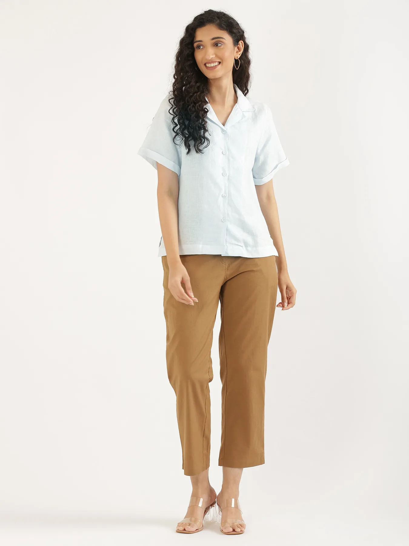 Women Light Blue Pure Linen Notch Collar Shirt - Image 3