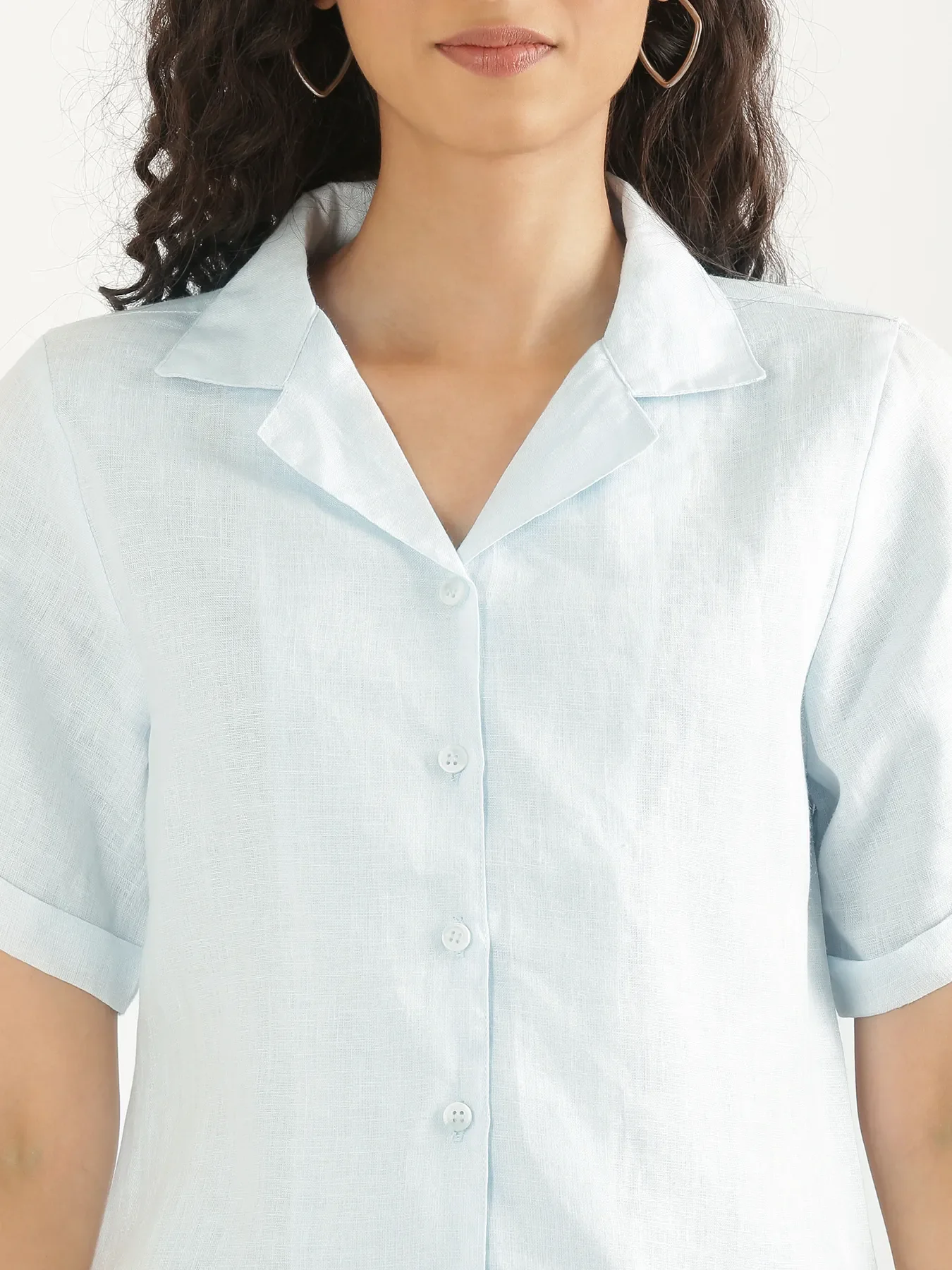 Women Light Blue Pure Linen Notch Collar Shirt - Image 4