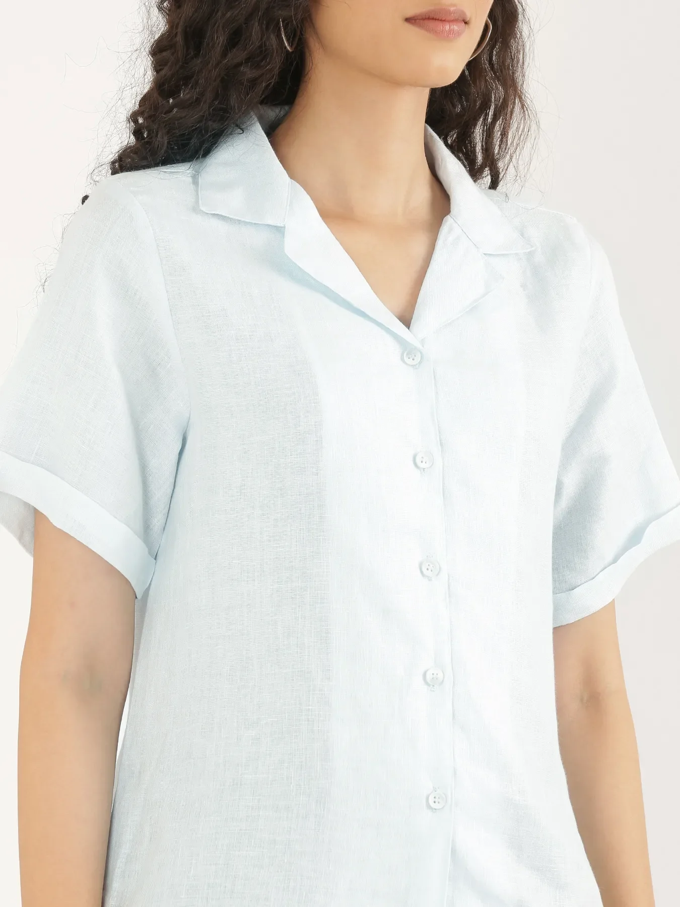 Women Light Blue Pure Linen Notch Collar Shirt - Image 5