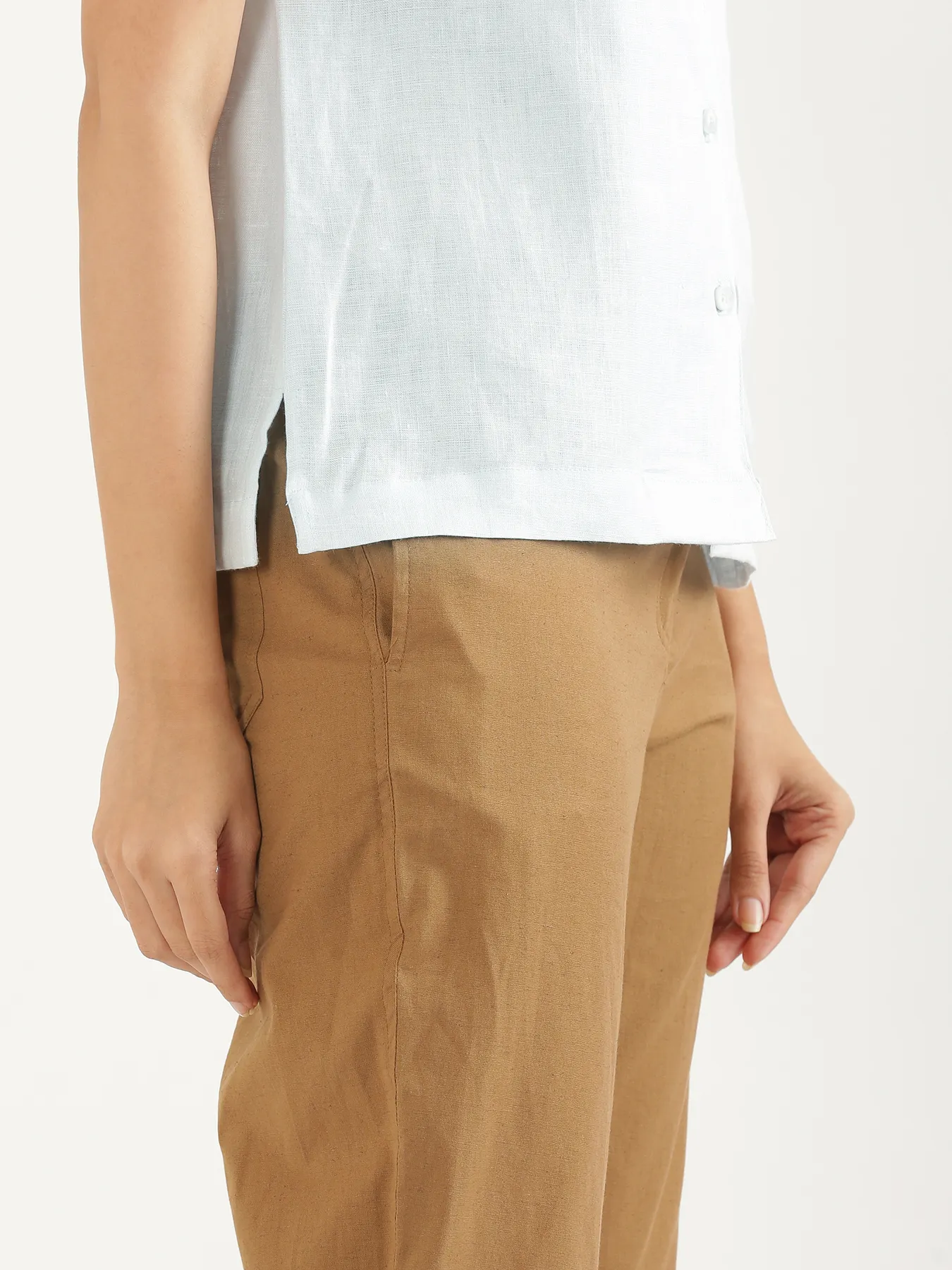 Women Light Blue Pure Linen Notch Collar Shirt - Image 7