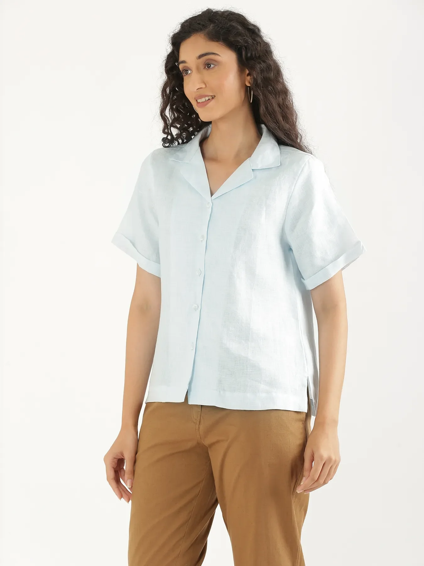 Women Light Blue Pure Linen Notch Collar Shirt - Image 8