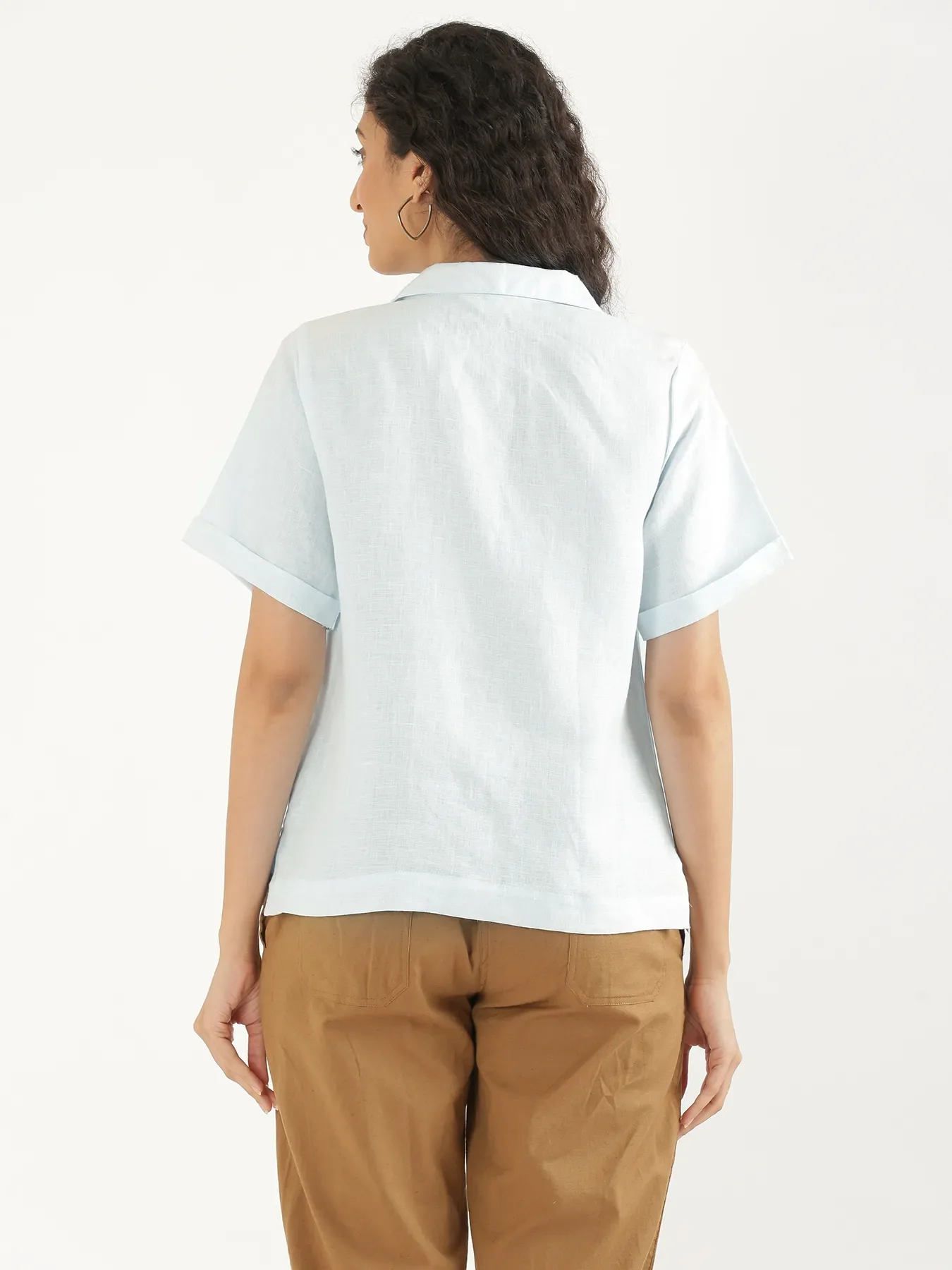 Women Light Blue Pure Linen Notch Collar Shirt - Image 9