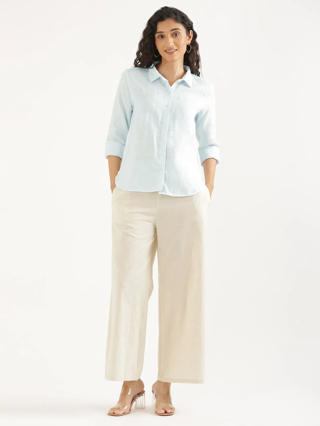 Women Light Blue Pure Linen Shirt - Image 3