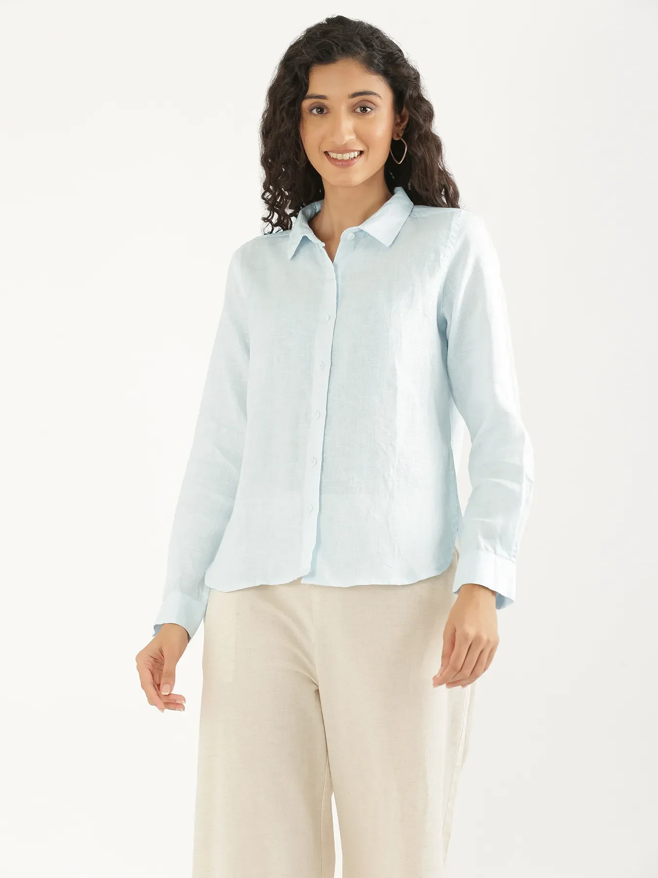 Women Light Blue Pure Linen Shirt - Image 9