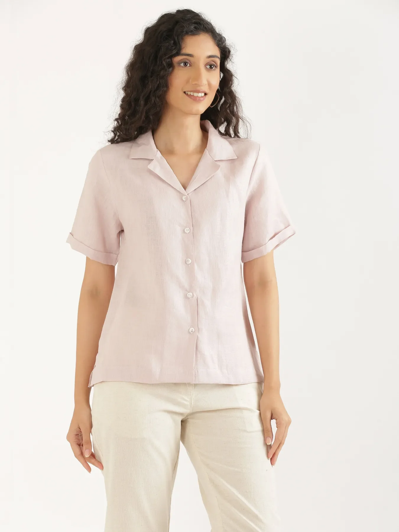 Women Light Pink Pure Linen Notch Collar Shirt - Image 10