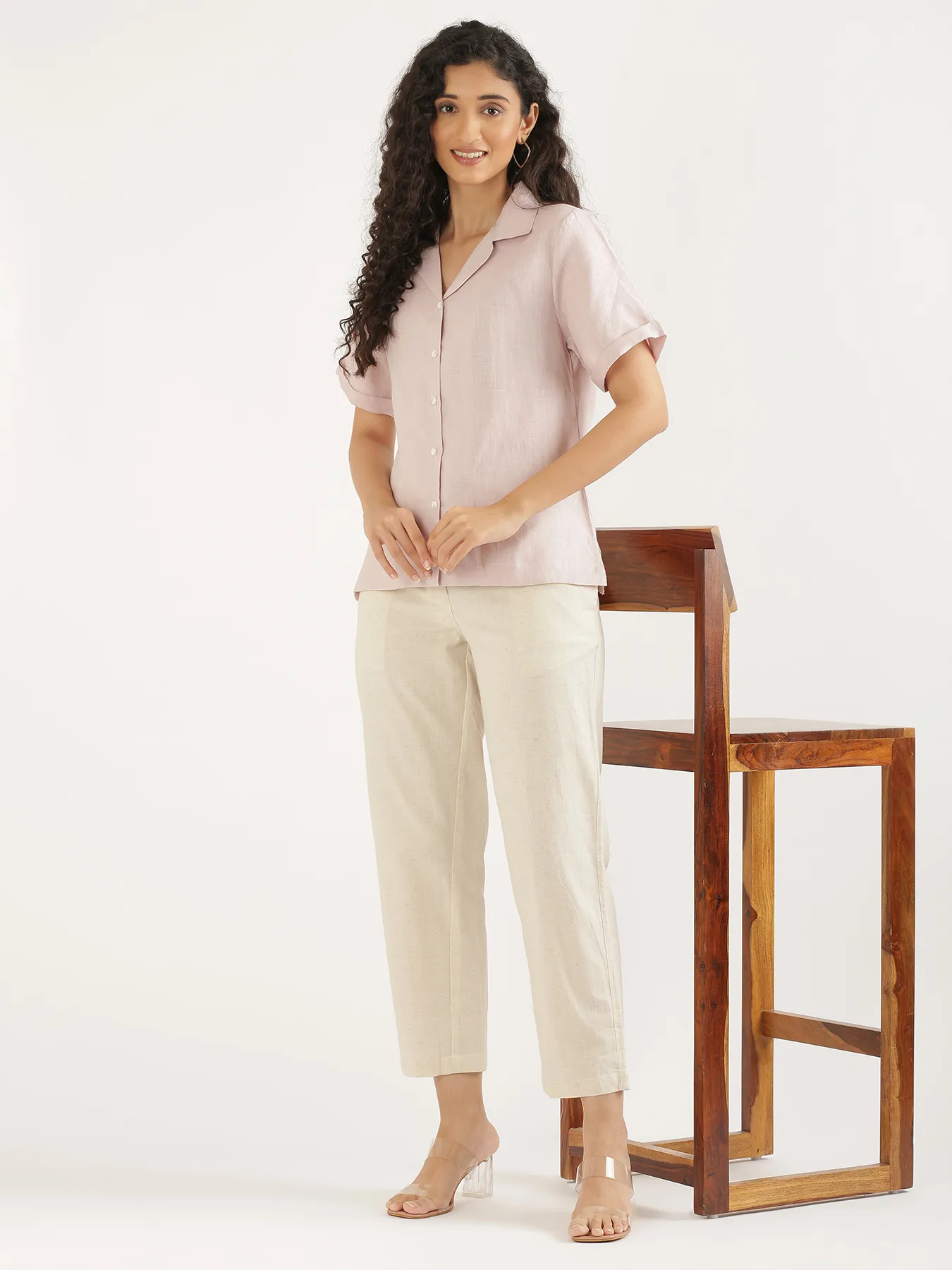 Women Light Pink Pure Linen Notch Collar Shirt - Image 11