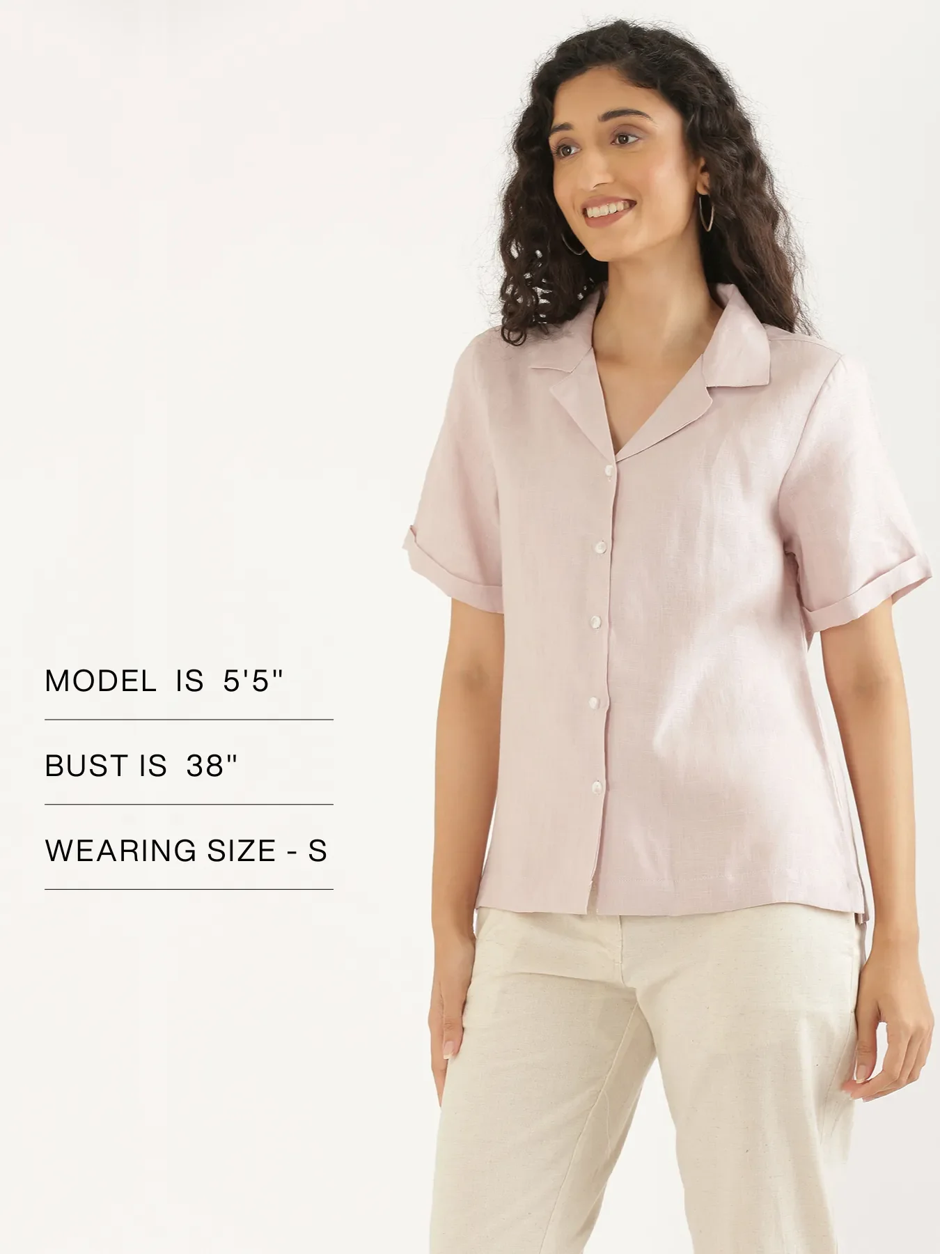 Women Light Pink Pure Linen Notch Collar Shirt - Image 12