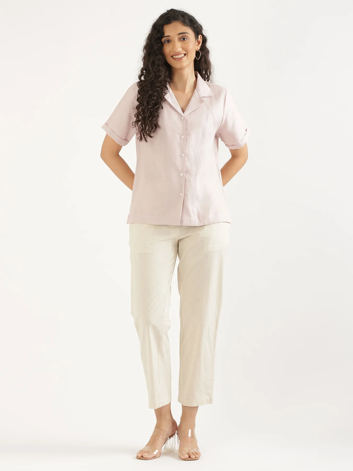 Women Light Pink Pure Linen Notch Collar Shirt - Image 3