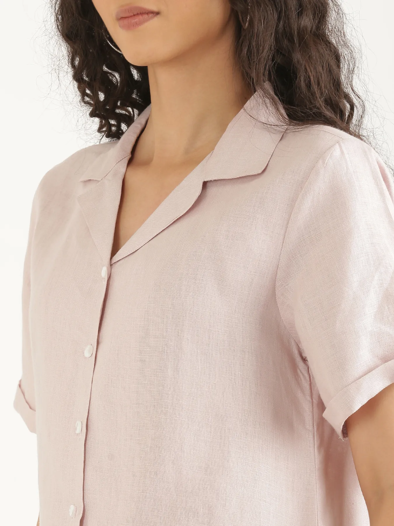 Women Light Pink Pure Linen Notch Collar Shirt - Image 5