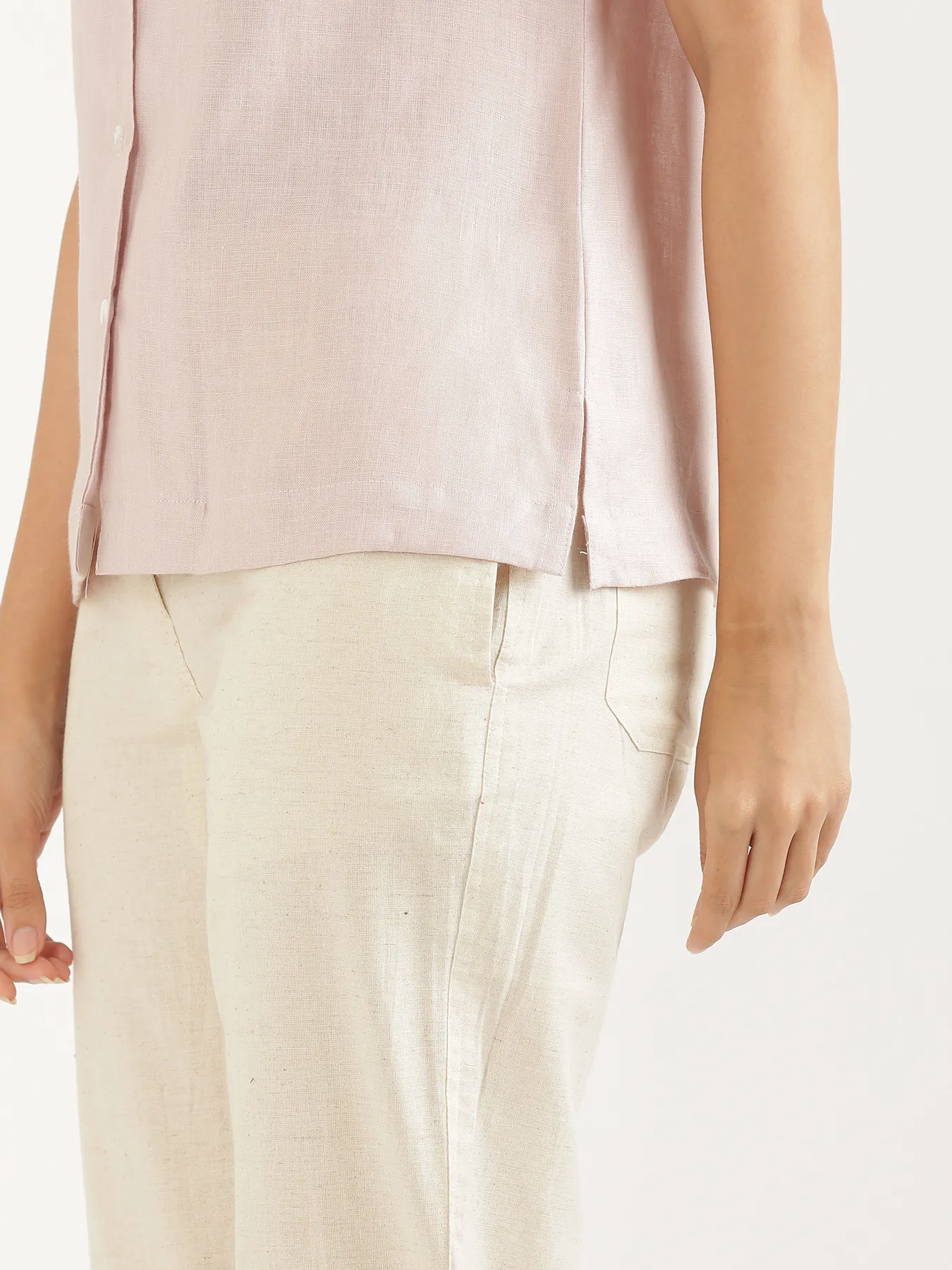 Women Light Pink Pure Linen Notch Collar Shirt - Image 7