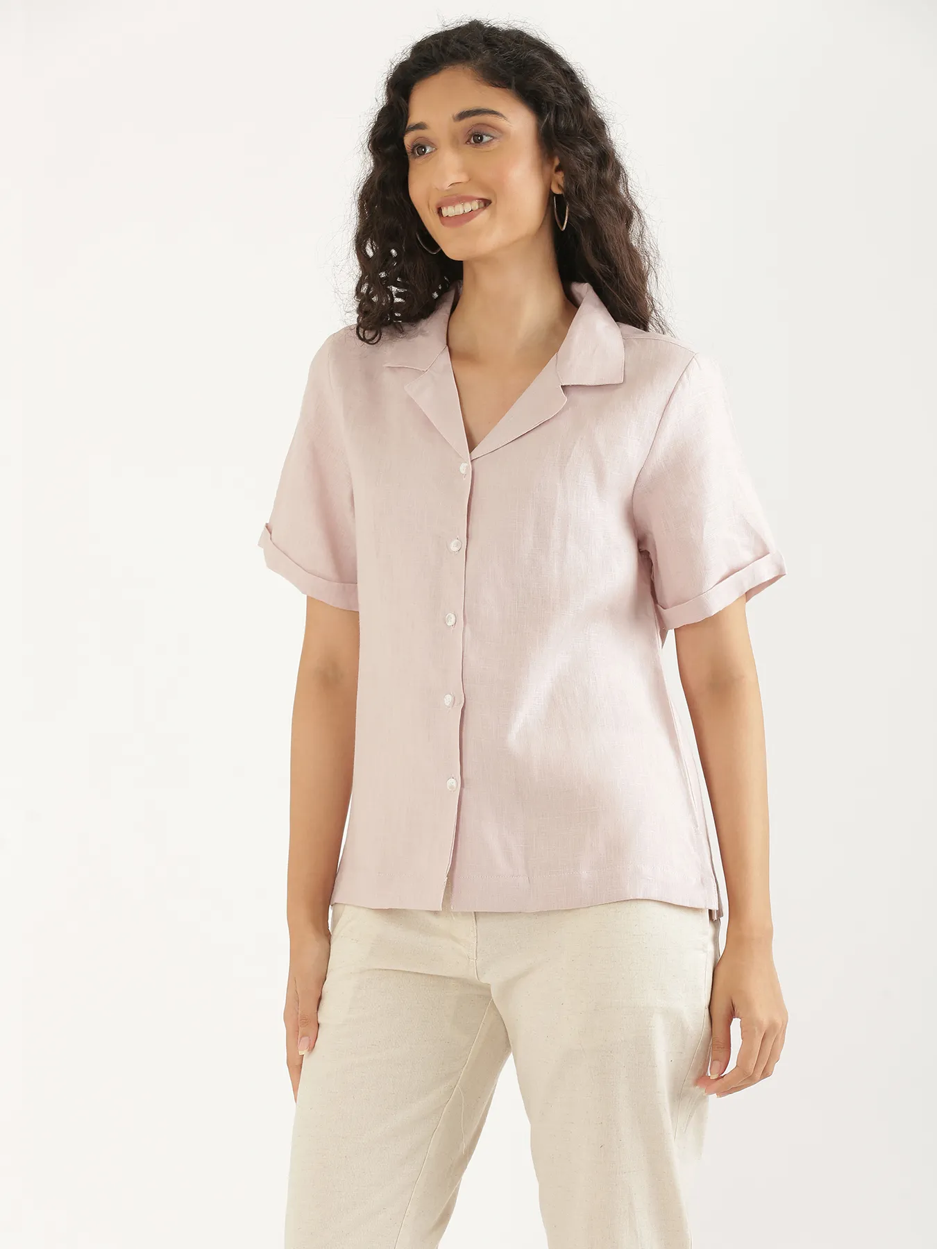 Women Light Pink Pure Linen Notch Collar Shirt - Image 8