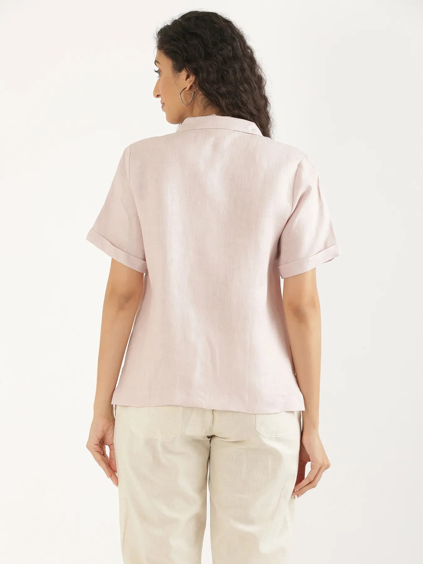Women Light Pink Pure Linen Notch Collar Shirt - Image 9