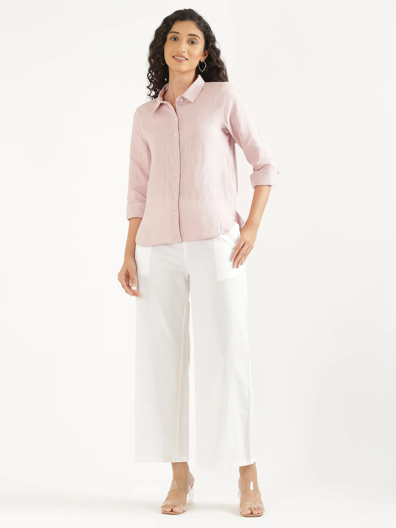 Women Light Pink Pure Linen Shirt - Image 3