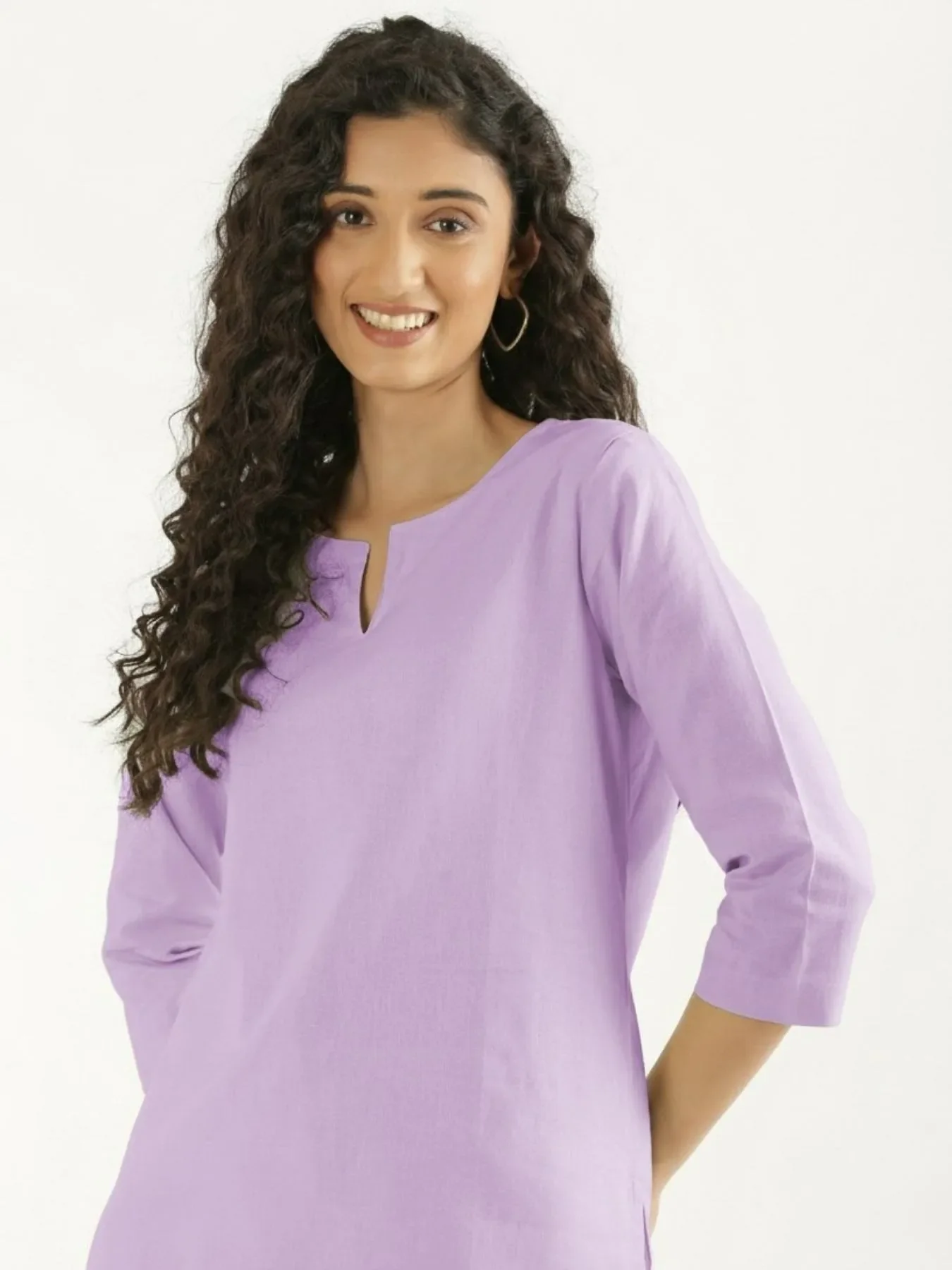 Women Lilac Airy Linen Split Neck Short Kurta - Image 3