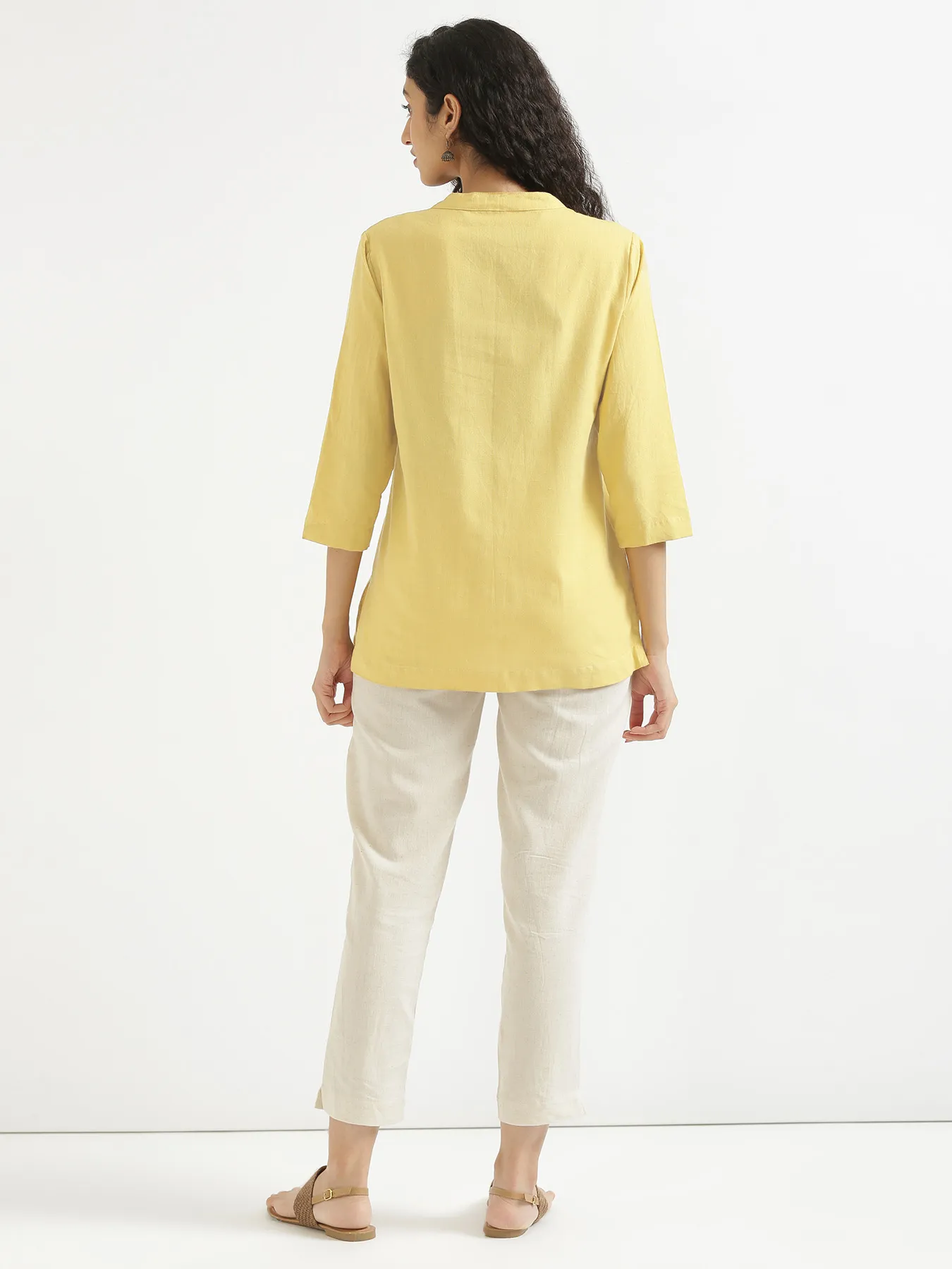 Women Lemon Yellow Airy Linen Short Kurta - Image 5