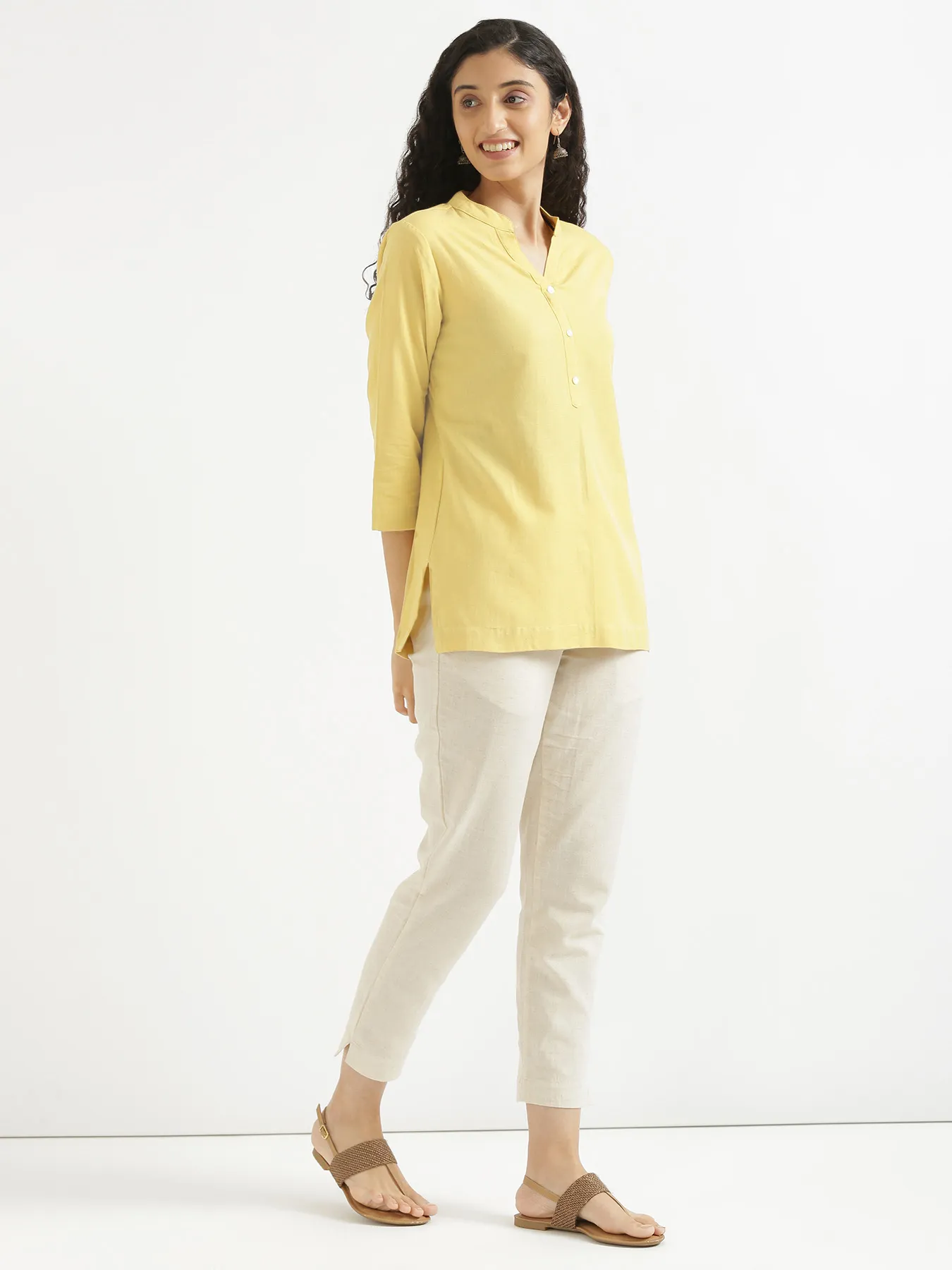 Women Lemon Yellow Airy Linen Short Kurta - Image 6