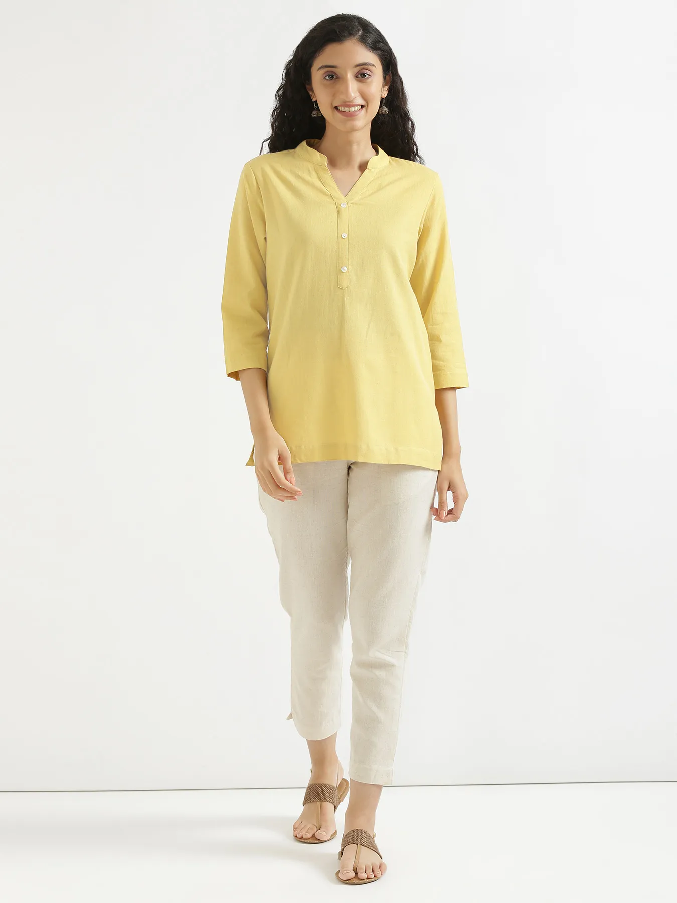 Women Lemon Yellow Airy Linen Short Kurta - Image 7