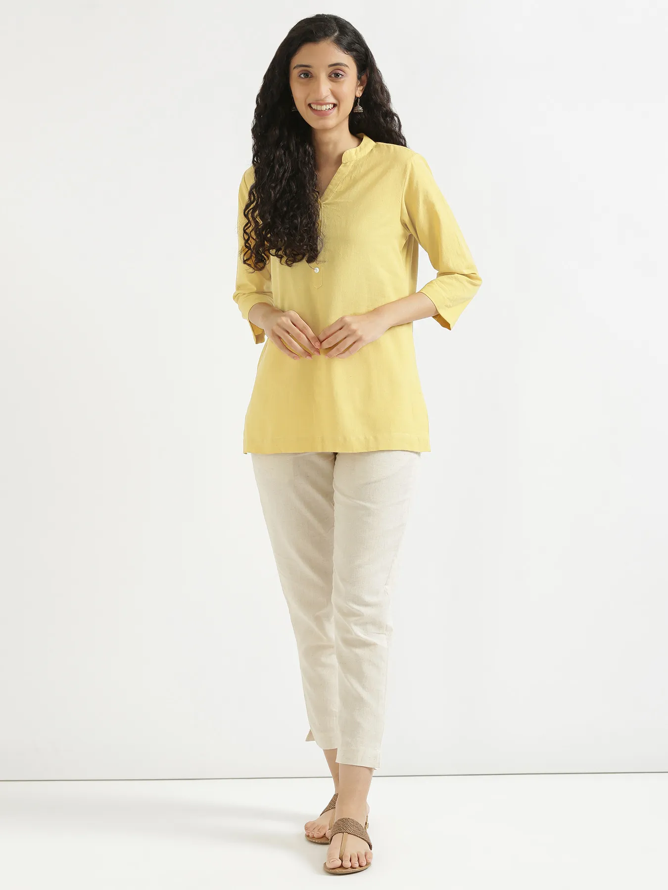 Women Lemon Yellow Airy Linen Short Kurta - Image 8