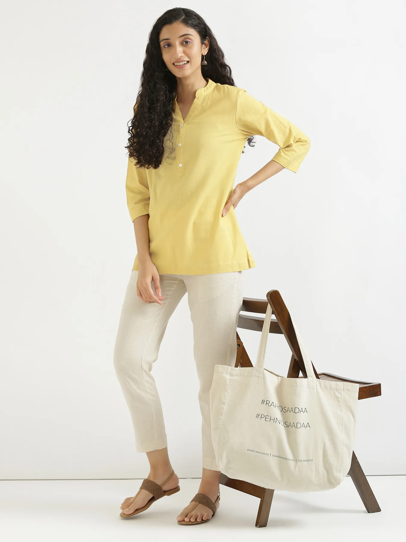 Women Lemon Yellow Airy Linen Short Kurta - Image 9