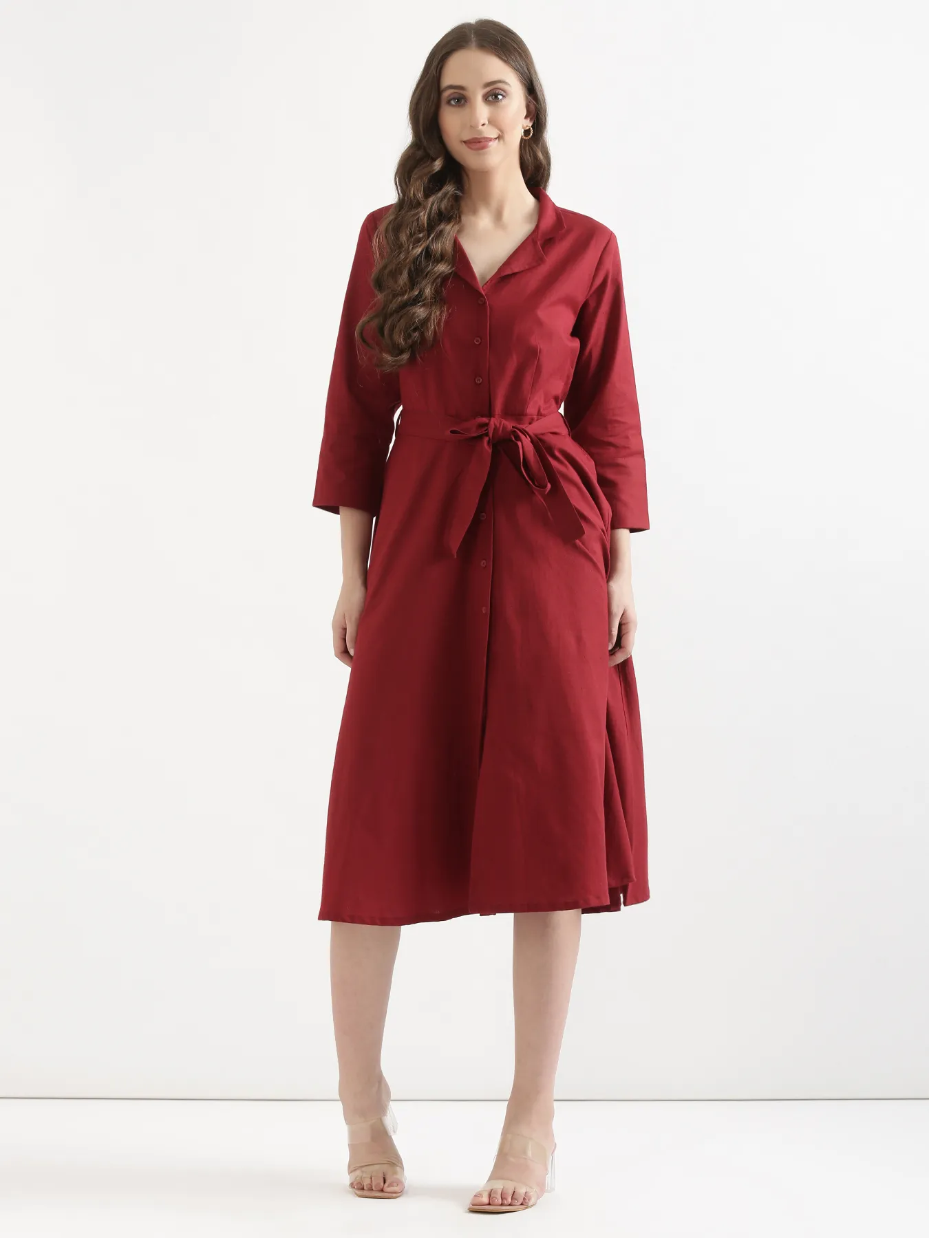 Women Maroon Airy Linen Flared Dress - Image 3