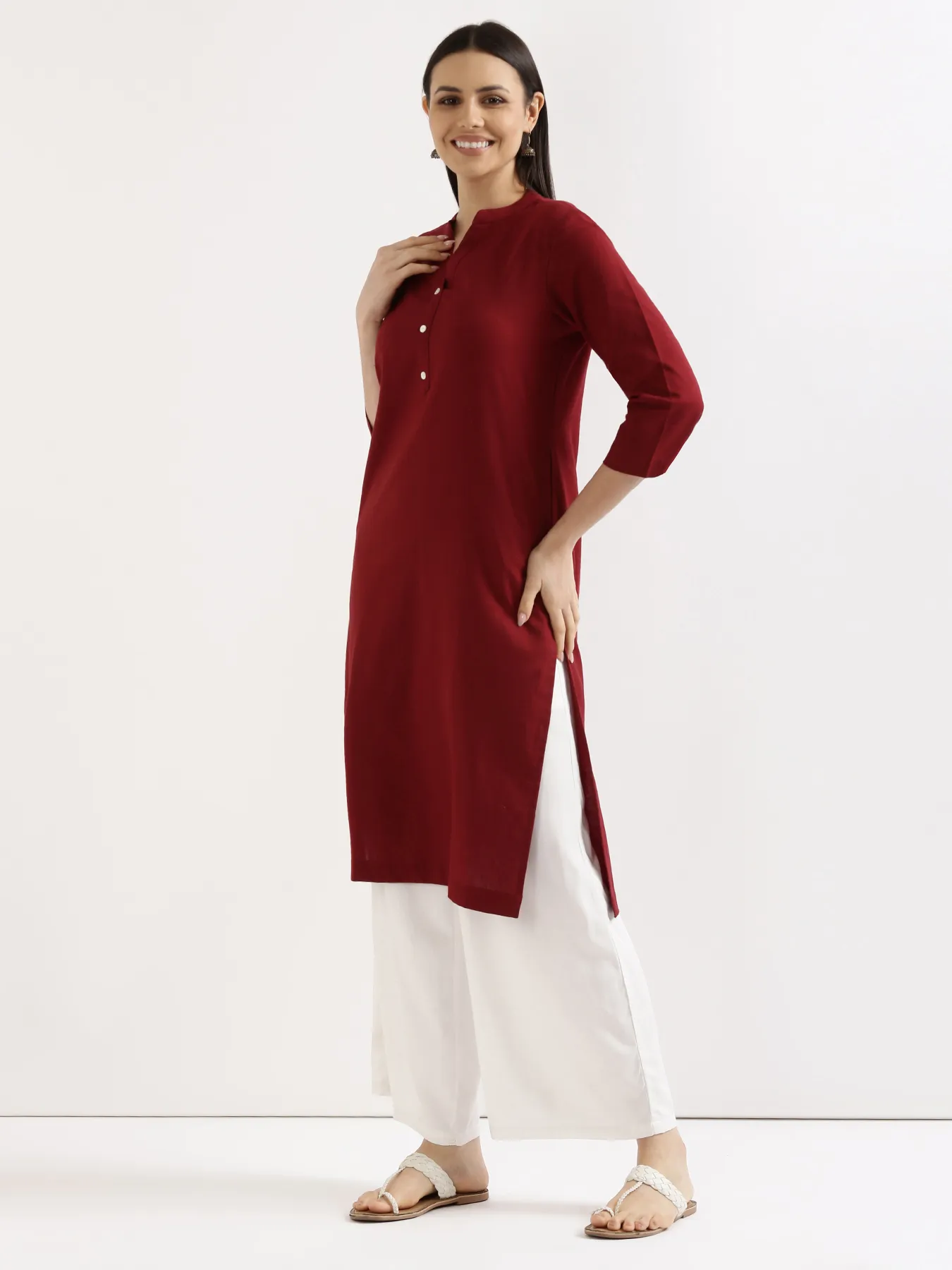 Women Maroon Airy Linen Long Kurta & White Viscose Palazzo Pant Set - Image 10