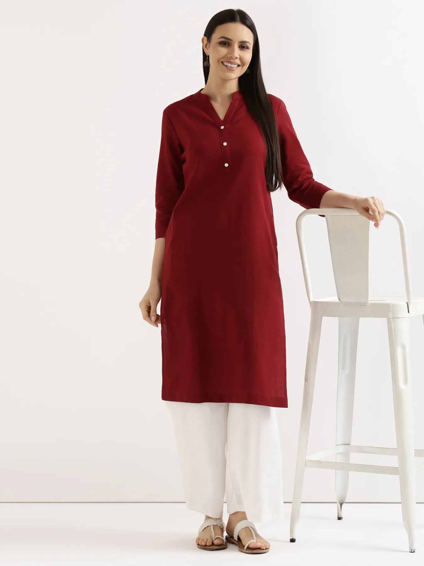 Women Maroon Airy Linen Long Kurta & White Viscose Palazzo Pant Set - Image 11