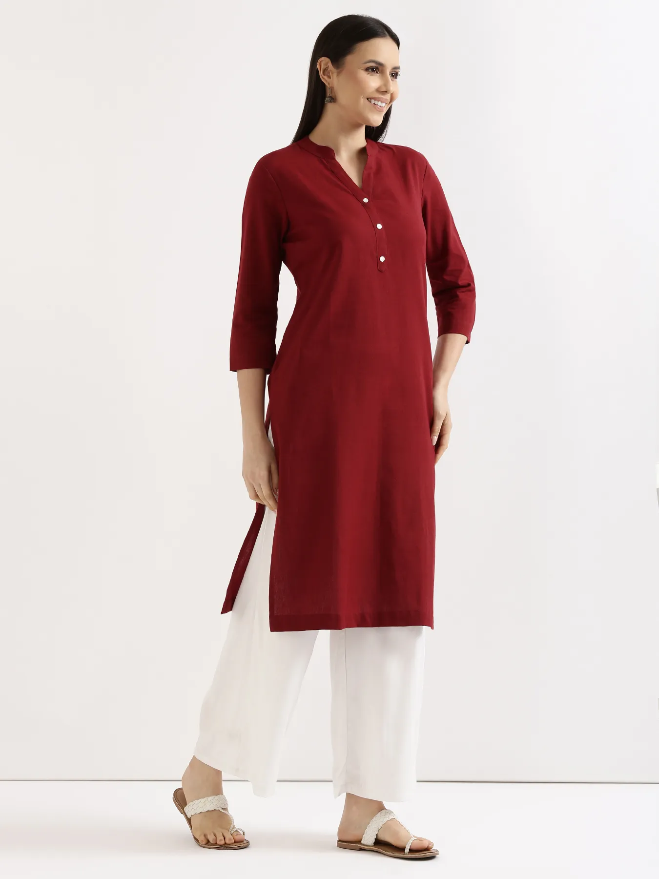 Women Maroon Airy Linen Long Kurta & White Viscose Palazzo Pant Set - Image 12
