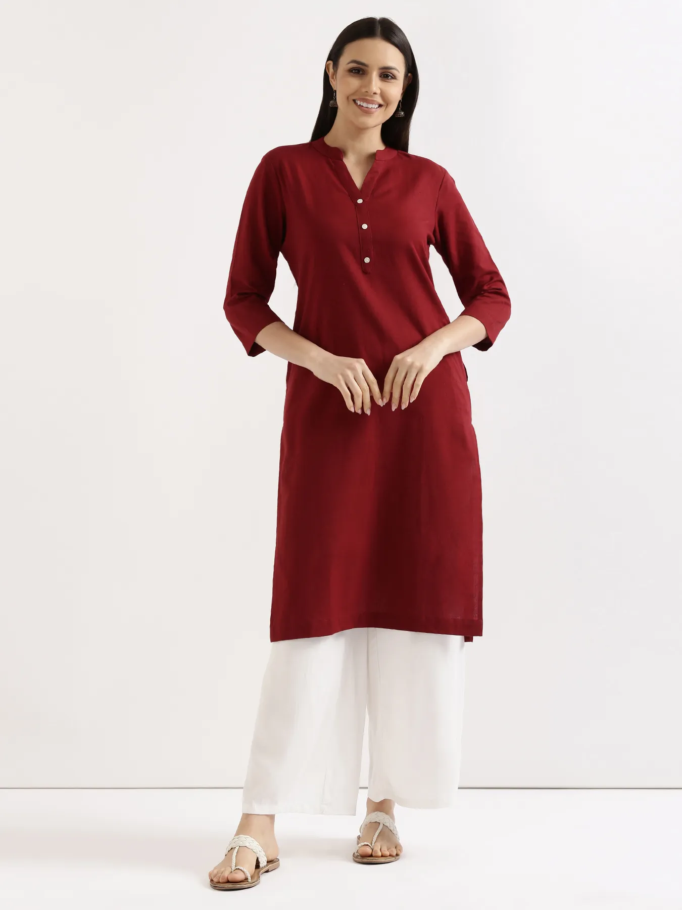 Women Maroon Airy Linen Long Kurta & White Viscose Palazzo Pant Set - Image 3