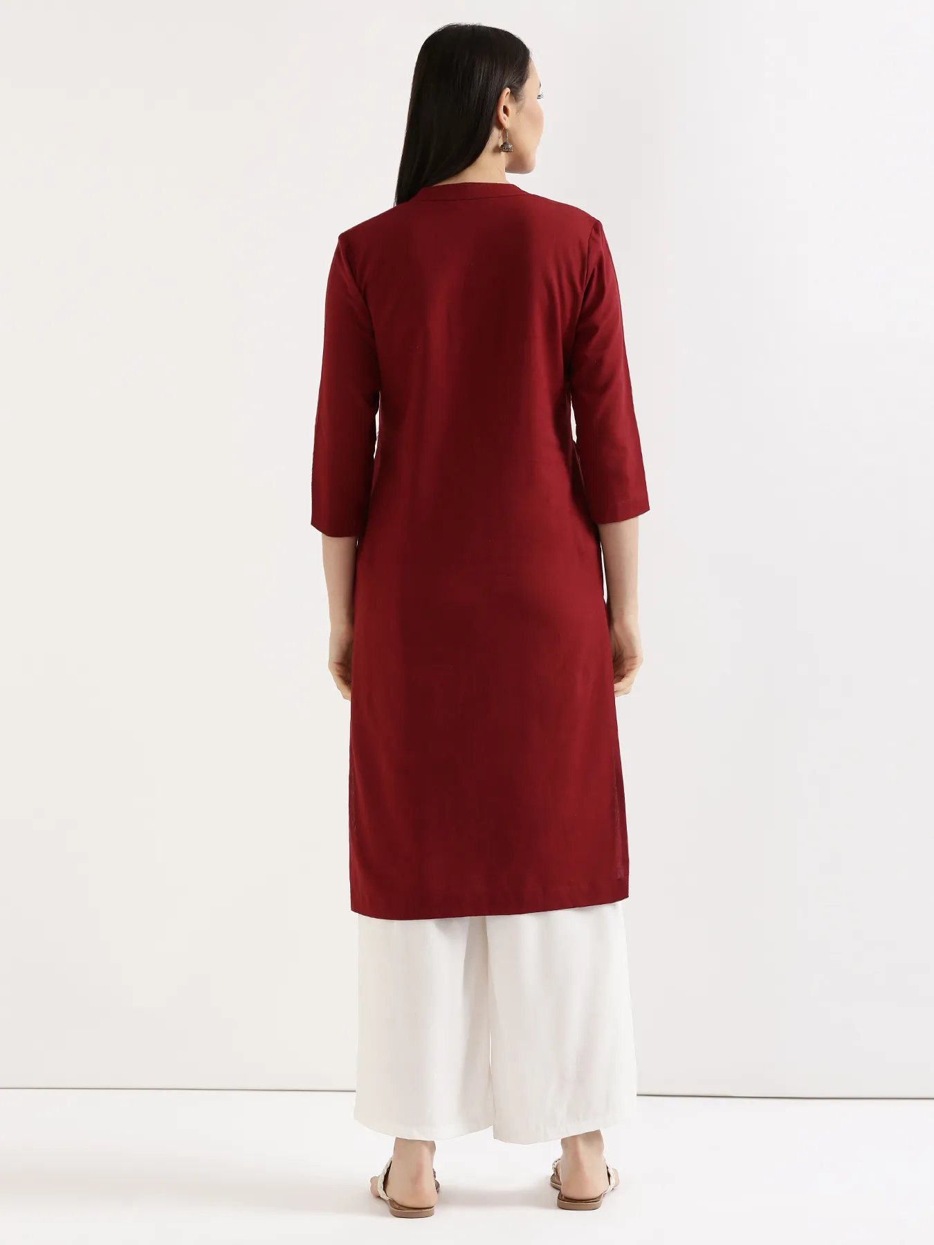 Women Maroon Airy Linen Long Kurta & White Viscose Palazzo Pant Set - Image 9