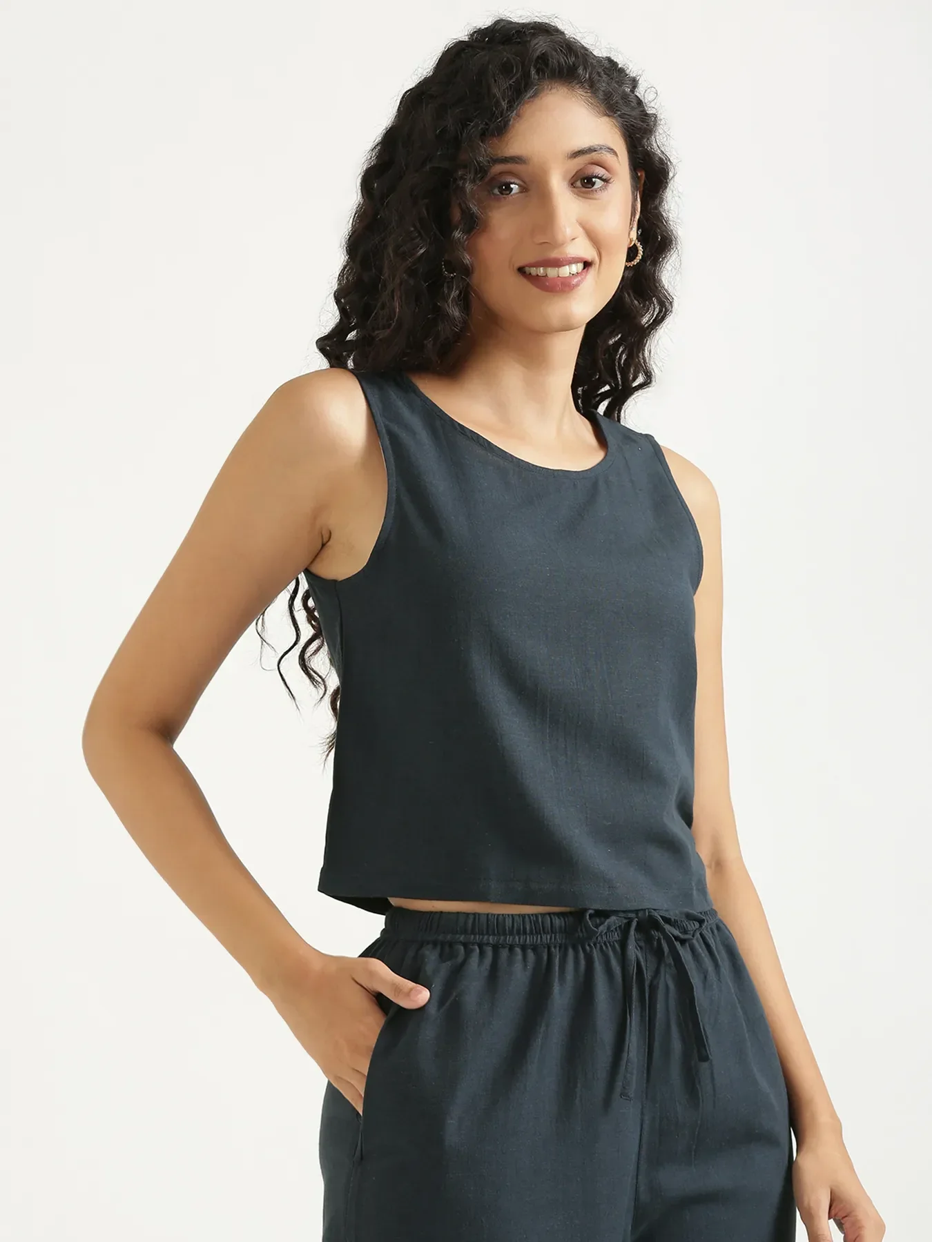 Women Navy Blue Flowy Linen Crop Top - Image 8