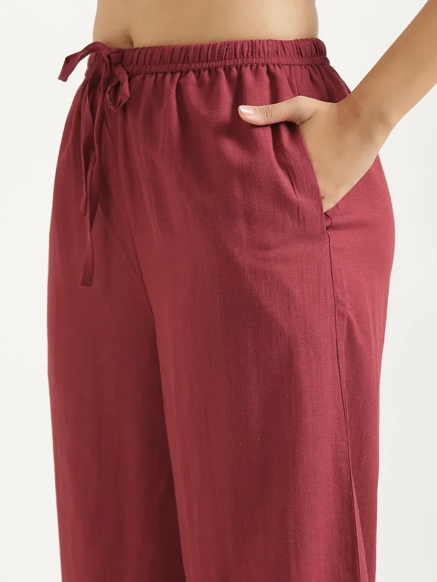 Women Maroon Flowy Linen Pant Set - Image 7