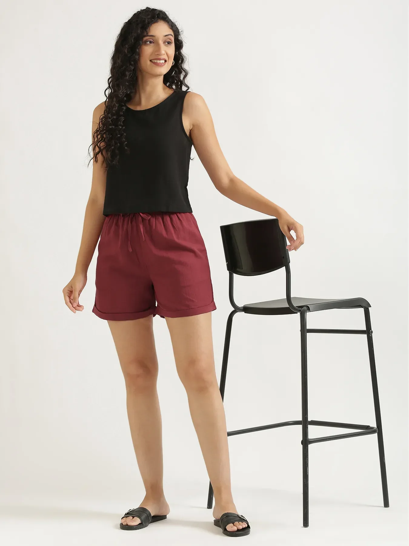 Women Maroon Flowy Linen Shorts - Image 10