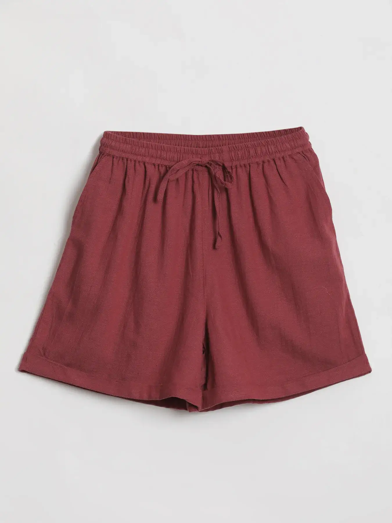 Women Maroon Flowy Linen Shorts - Image 12