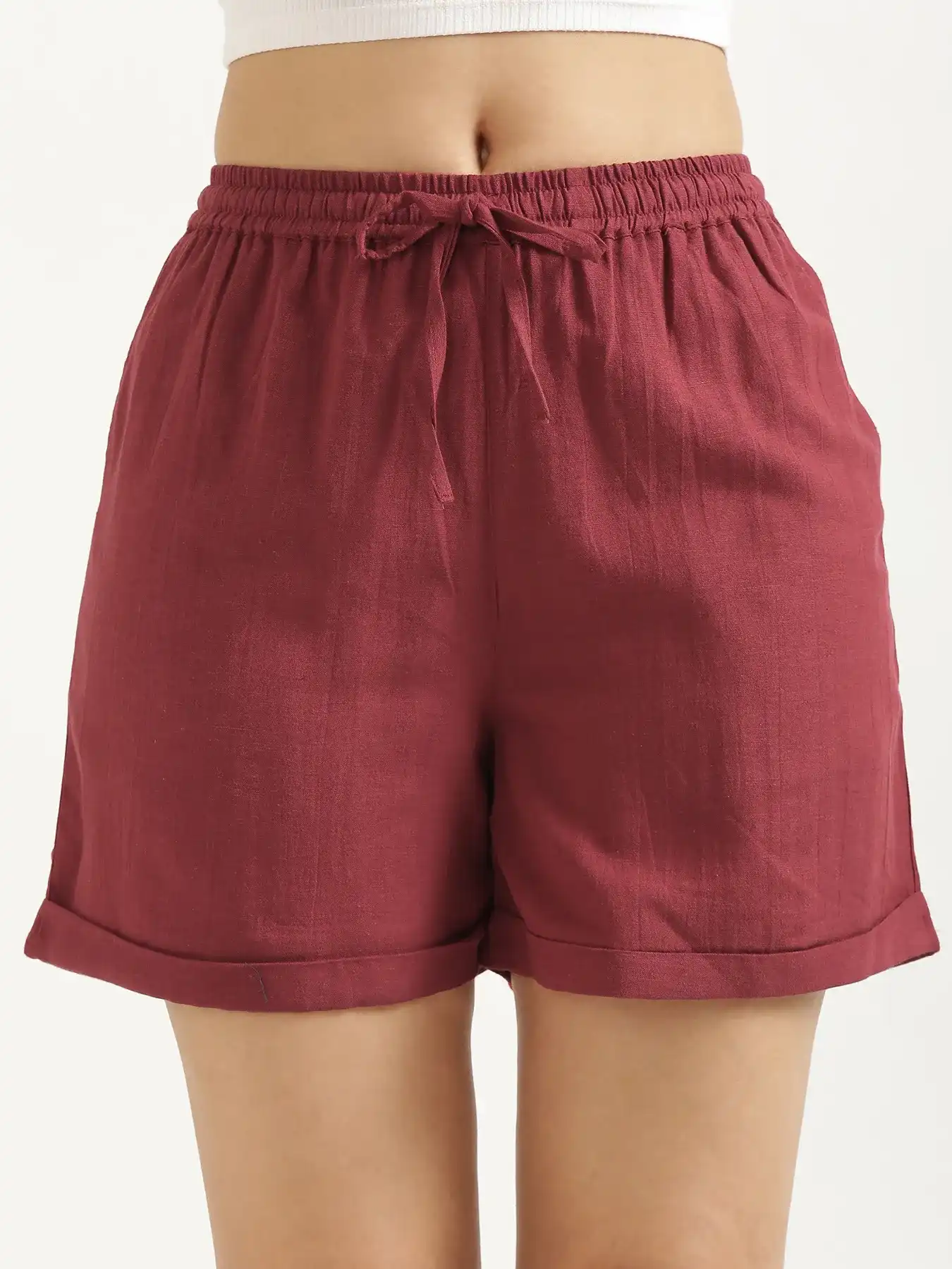 Women Maroon Flowy Linen Shorts - Image 6