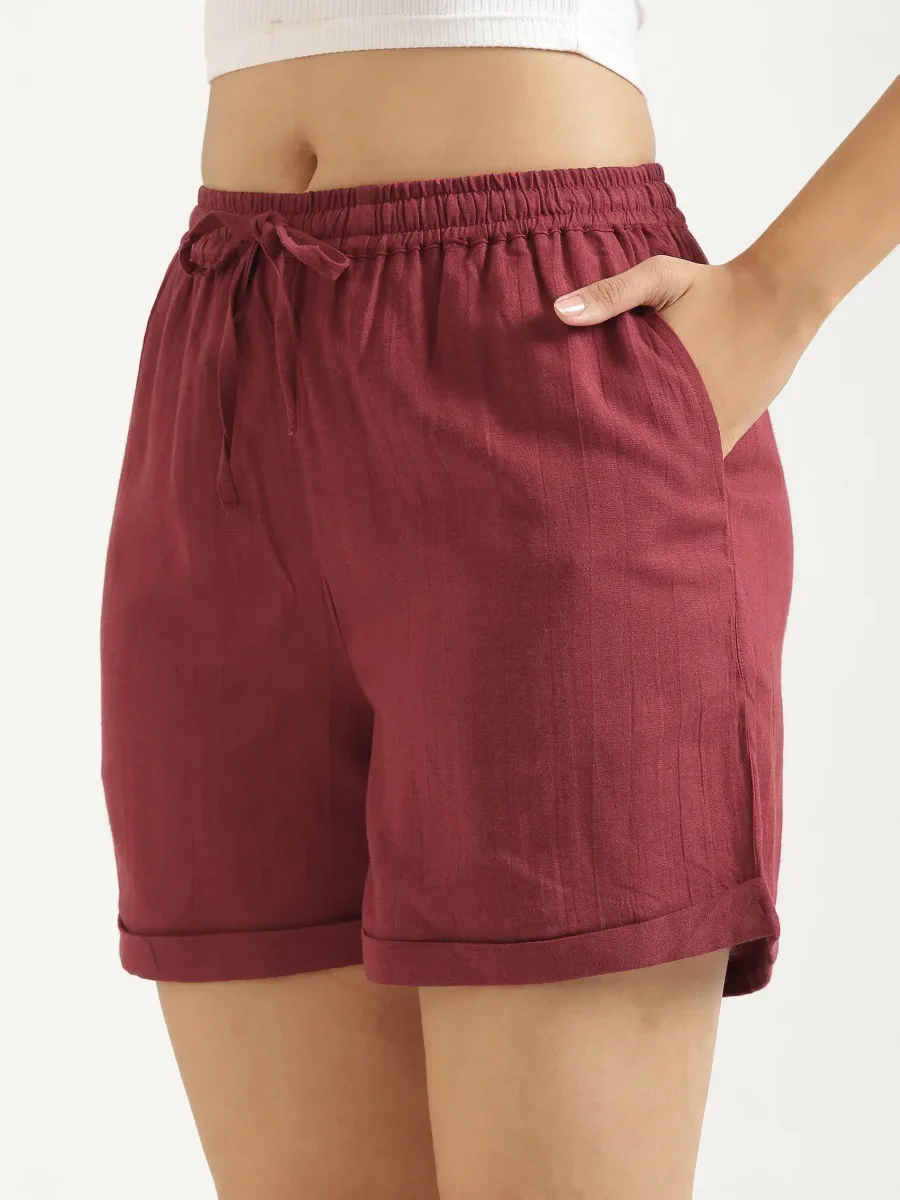 Women Maroon Flowy Linen Shorts - Image 7