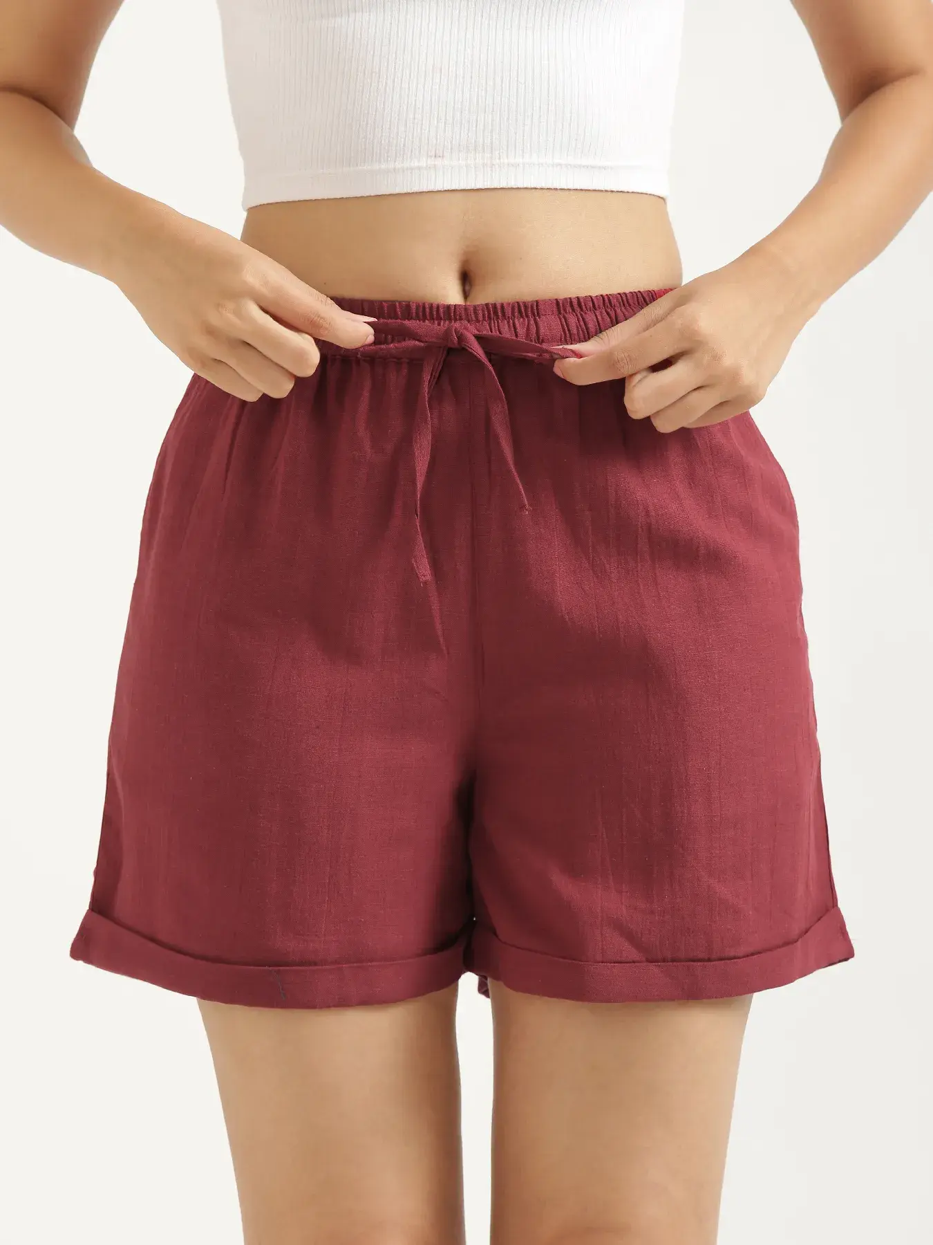Women Maroon Flowy Linen Shorts - Image 8