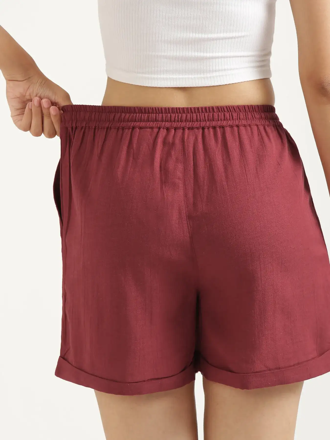 Women Maroon Flowy Linen Shorts - Image 9