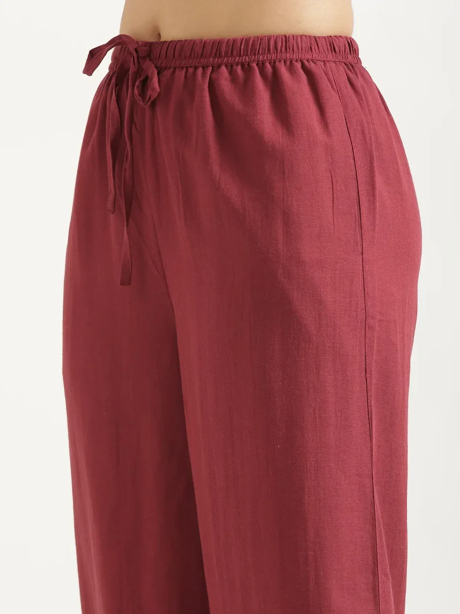 Women Maroon Flowy Linen Wide Leg Pants - Image 10