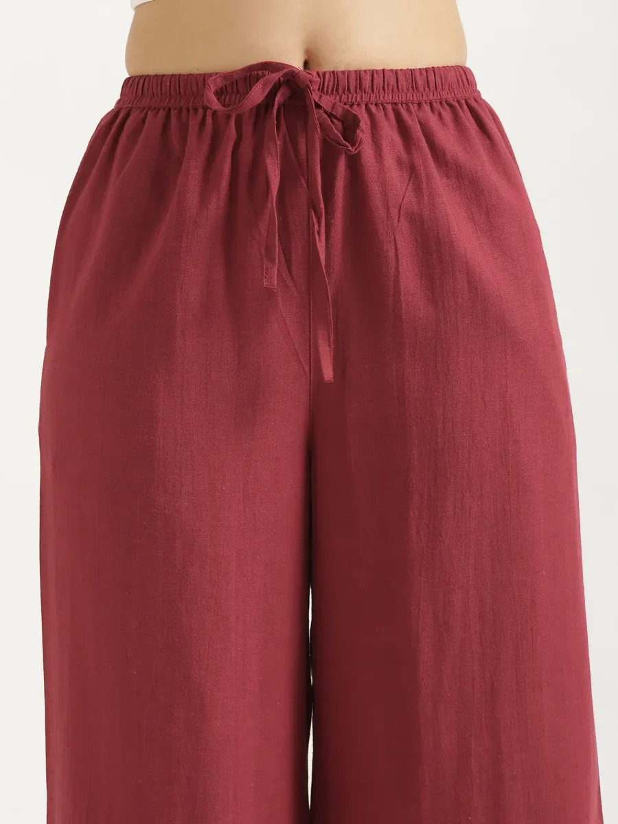 Women Maroon Flowy Linen Wide Leg Pants - Image 11