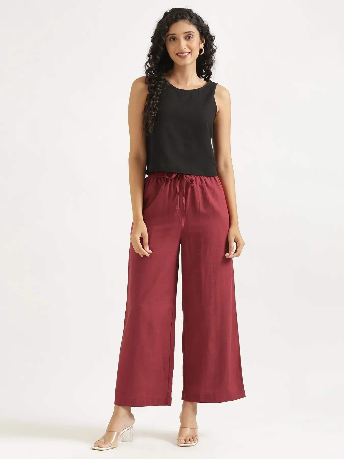 Women Maroon Flowy Linen Wide Leg Pants - Image 13