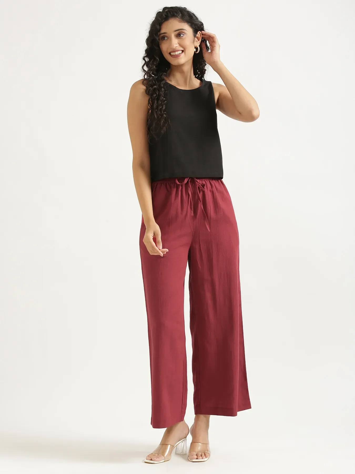 Women Maroon Flowy Linen Wide Leg Pants - Image 14