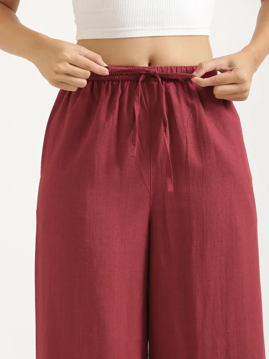 Women Maroon Flowy Linen Wide Leg Pants - Image 6