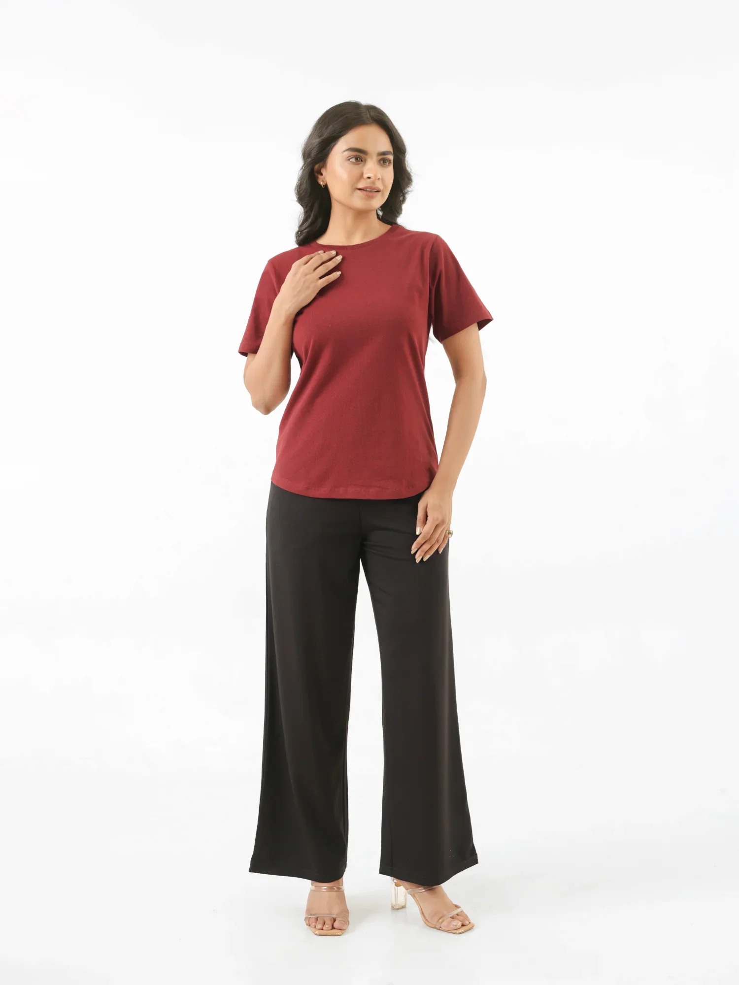 Women Maroon Round Neck T-shirt - Image 8